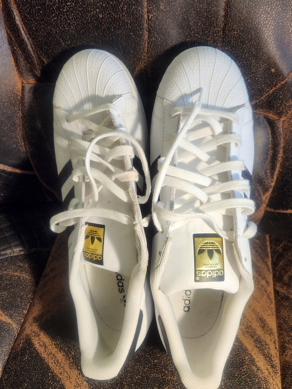 adidas White Sneakers with Black Stripes and Gold Tongue Logo